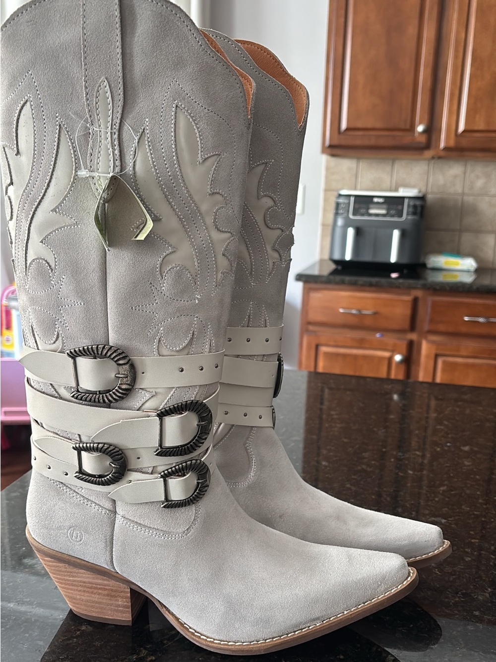 DINGO 1969 Buck Wild Suede and Leather Belted Hardware Shaft Tall Western Boots - Picture 5 of 5